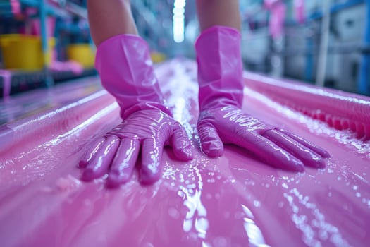 Hands protected by pink industrial gloves on a glossy pink surface in a factory environment photo