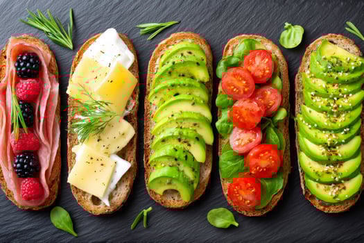 Variety of bruschetta with different toppings on black slate background photo