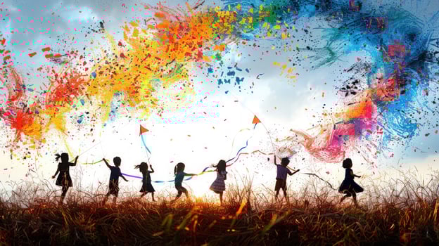 Children play in silhouette with colorful sky and kite illustration photo