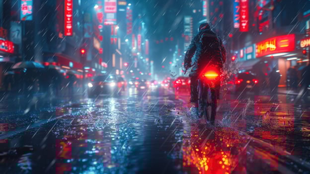 Motorcycle rider on rainy city street at night urban transportation photo