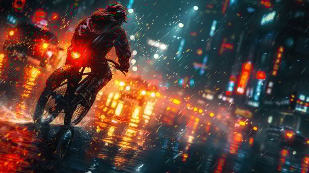 Cyclist rides bicycle through rainy city street at night photo