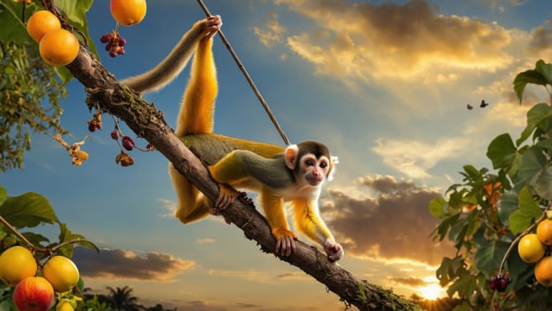 Playful monkey hanging from a branch during sunset in a vibrant tropical landscape photo
