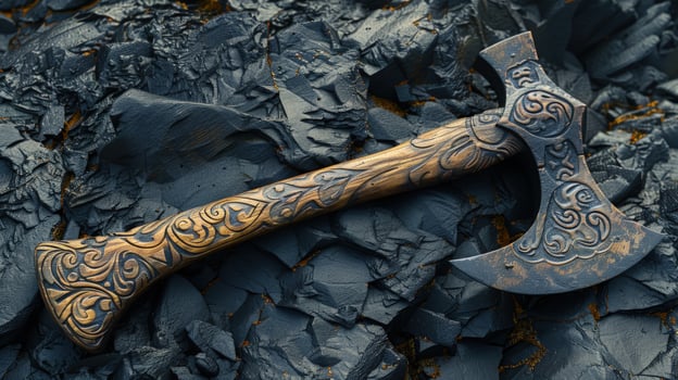 Ornate axe on rock surface decorative weapon art photo