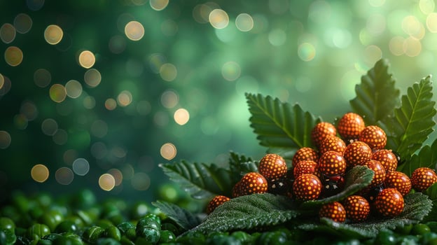 Magical berry cluster on green leaves with bokeh background photo