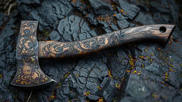Ornate axe on stone decorative carved metal and wood tool photo
