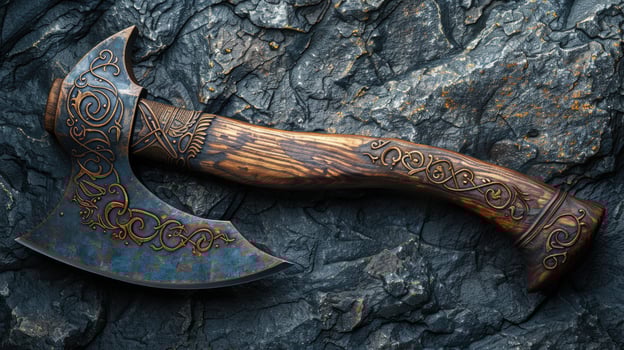 Ornate battle axe with carved wood handle on rough stone background photo