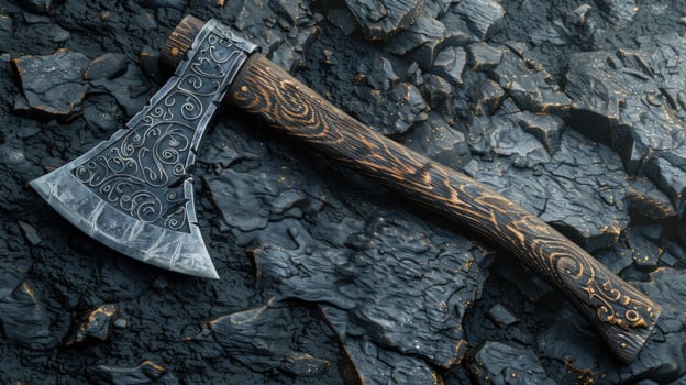 Ornate axe on rocky ground detailed carvings and rustic texture photo