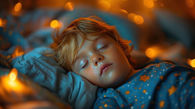 Child sleeping peacefully in bed surrounded by warm bokeh lights dreamy night scene photo