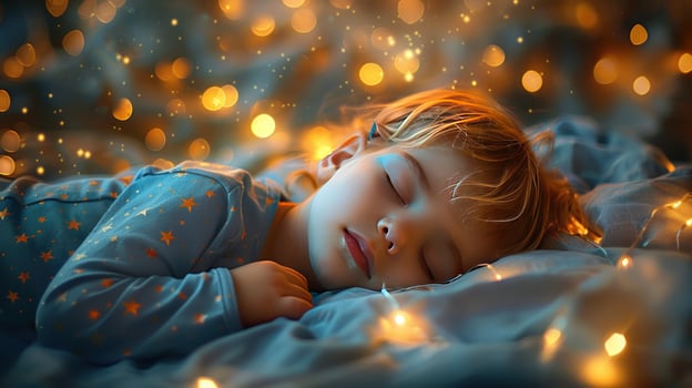 Child sleeping peacefully surrounded by fairy lights in bed photo