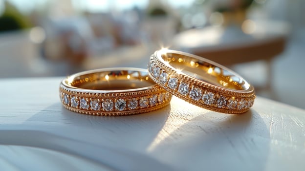 Golden gemstone ring set for wedding or anniversary celebration photo