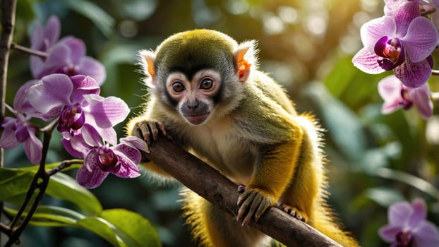Playful monkey perched on a branch surrounded by vibrant orchids in a lush tropical environment photo