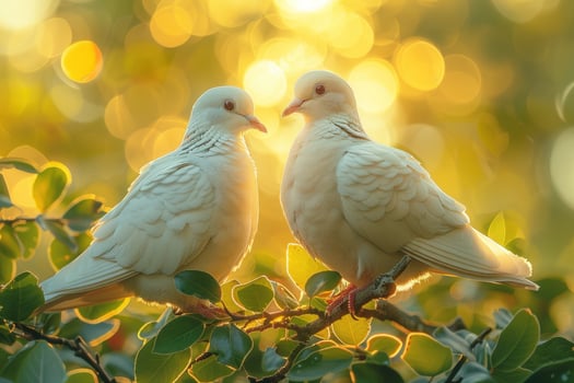 Pair of white doves perched on branch with bokeh background photo