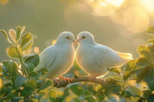 Pair of white doves perched on branch in soft golden light symbolizing peace and love photo