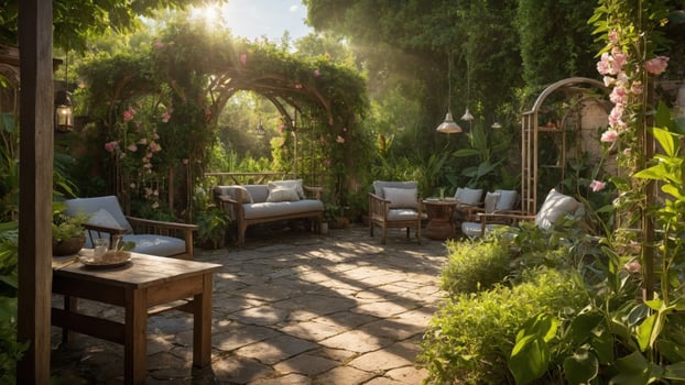 Serene garden seating area with lush greenery and floral arches, inviting relaxation in a tranquil setting photo