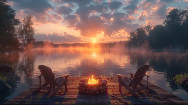 Tranquil lake sunset with campfire and chairs on pier photo