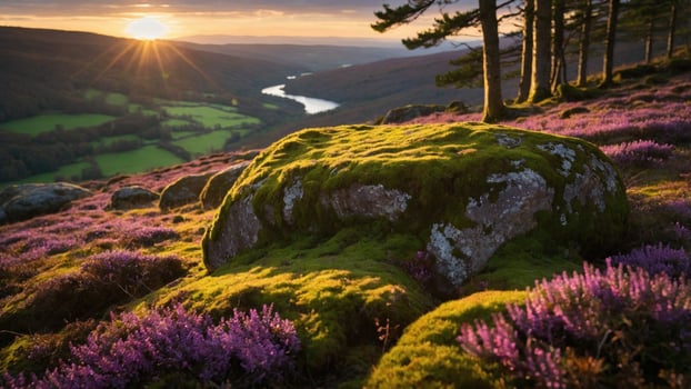 Serene sunset over a vibrant landscape with purple heather and a winding river in the valley photo