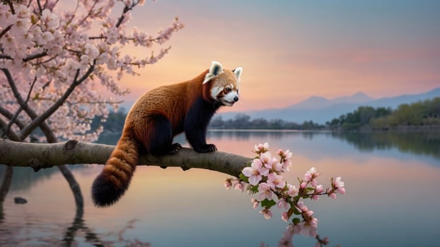 A red panda perched on a branch surrounded by cherry blossoms at sunset by a serene lake photo