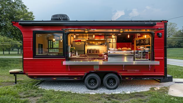 Bright red food truck ready to serve mobile cuisine and catering services photo