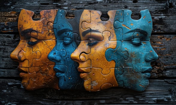 Jigsaw puzzle faces in brown and blue on wood conceptual art photo