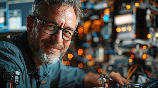 Electronics technician at work inspecting circuit board for repair and maintenance photo