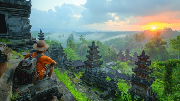 Temple vista sunrise hiker contemplation travel and exploration photo