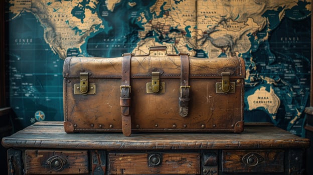 Vintage suitcase on cabinet with world map travel and adventure concept photo