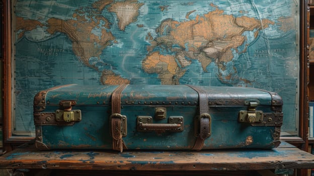 Vintage suitcase with world map travel adventure concept photo