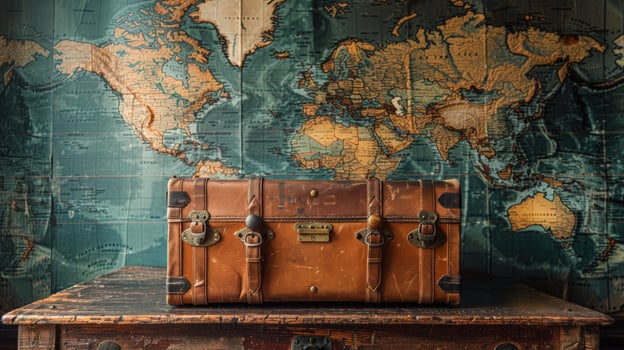 Vintage suitcase and world map travel adventure and exploration still life photo