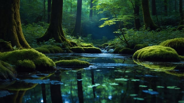 Serene forest landscape with a tranquil stream reflecting lush greenery and gentle sunlight filtering through photo
