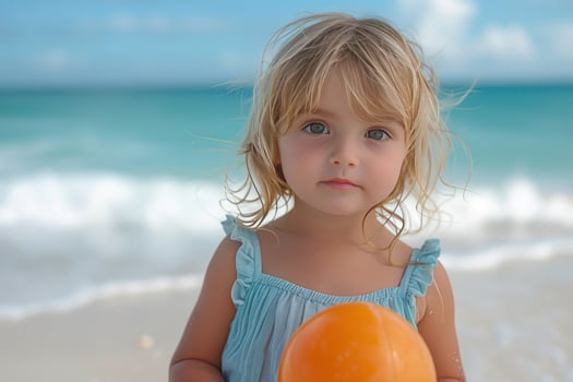 Little girl with ball at the beach on summer holiday photo