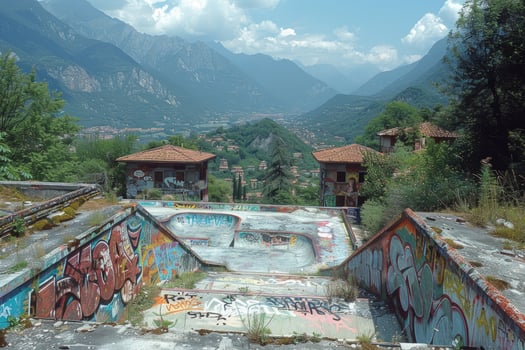 Abandoned skate park with mountain backdrop graffiti art and urban decay photo