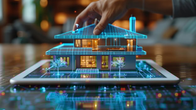 Futuristic architectural house model on tablet technology photo
