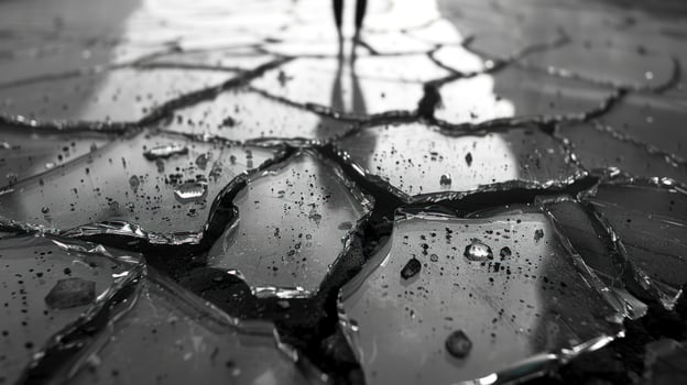 Cracked surface fragmented texture and distant figure in black and white photo