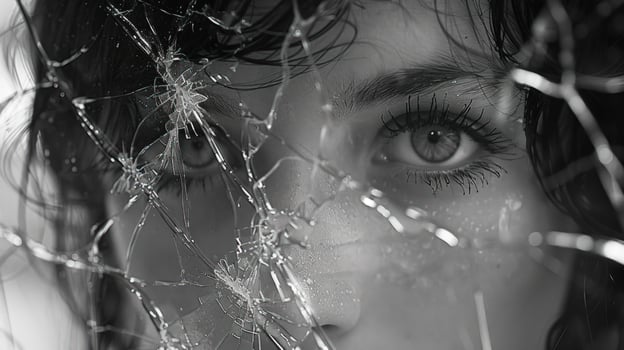 Fragmented identity portrait behind shattered glass reflecting emotional vulnerability photo
