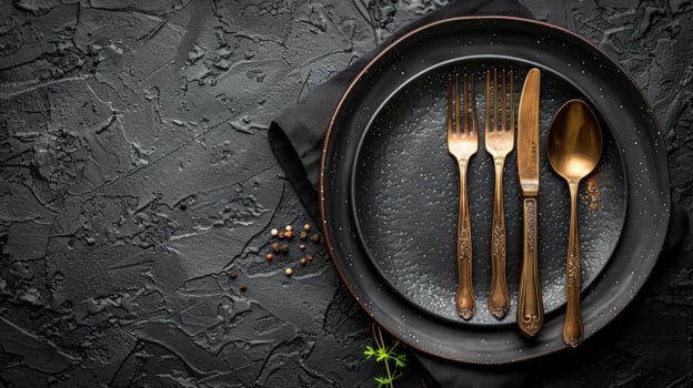 Elegant dark table setting with golden cutlery for upscale dining and food presentation photo