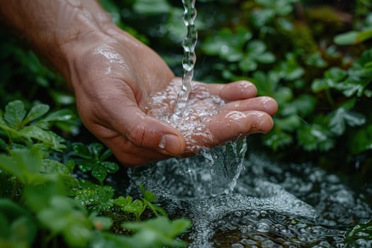 Fresh water flowing into hand surrounded by green nature photo