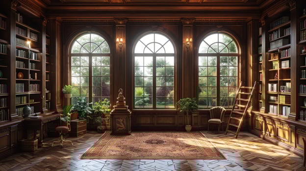 Classic library interior with bookshelves and natural light photo