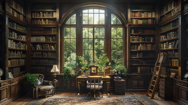 Classic home library with bookshelves window view and reading space photo
