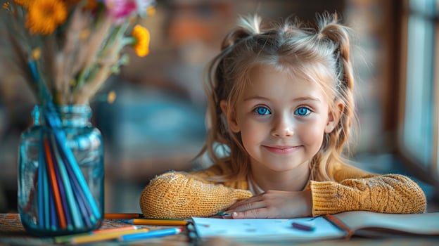 Girl study at table with book pencil and flower photo