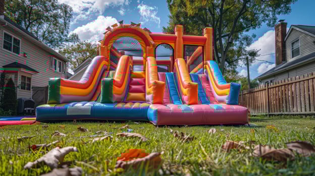 Vibrant inflatable bounce house with dual slides on green lawn for active outdoor play photo