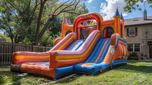 Colorful inflatable slide on lawn for summer fun and recreation photo