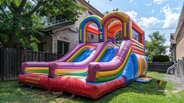 Inflatable bouncer on lawn for recreational activities photo