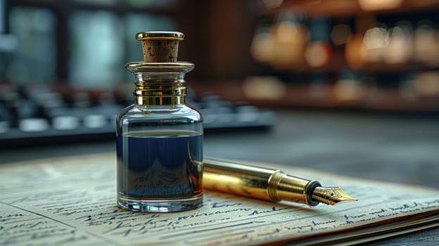 Ink bottle and fountain pen on handwritten page stationery photo
