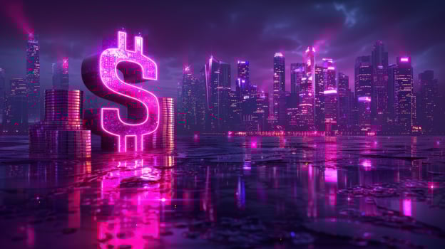 Dollar symbol with coin stacks and cityscape in neon colors finance and economy concept photo
