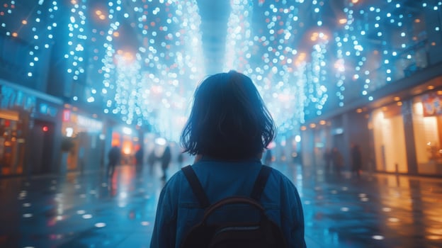 Person walking on city street with festive blue lights and reflections photo