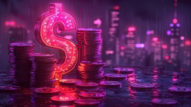 Neon dollar sign and coin stacks cityscape backdrop photo
