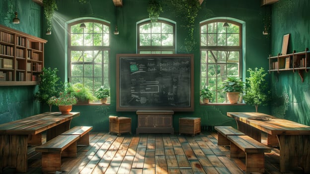 Sunlit classroom interior with blackboard and wooden furniture photo