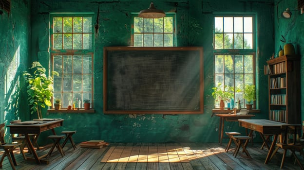 Classroom interior with blackboard and sunlight streaming through windows photo