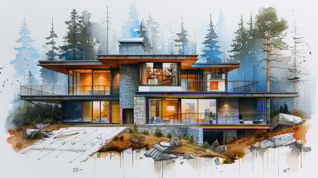 Modern house architecture surrounded by trees illustration photo