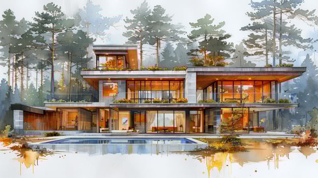 Modern house architecture watercolor style building surrounded by forest photo